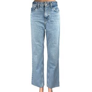 Zara Women's Blue High Waist Straight Wide Leg Raw Hem Crop Denim Jeans Pants 2